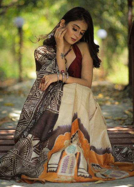 PURE TASSAR SILK SAREE WITH INTERICATE HAND BATIK WORK