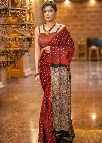 RED MODAL SILK BANDHEJ & AJRAKH COMBINATION SAREE