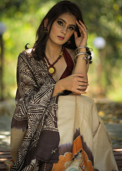 PURE TASSAR SILK SAREE WITH INTERICATE HAND BATIK WORK