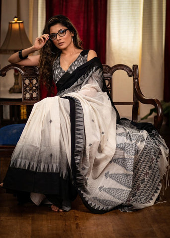 HANDWOVEN OFFWHITE & BLACK BENGAL HANDLOOM SAREE WITH TEMPLE BORDER