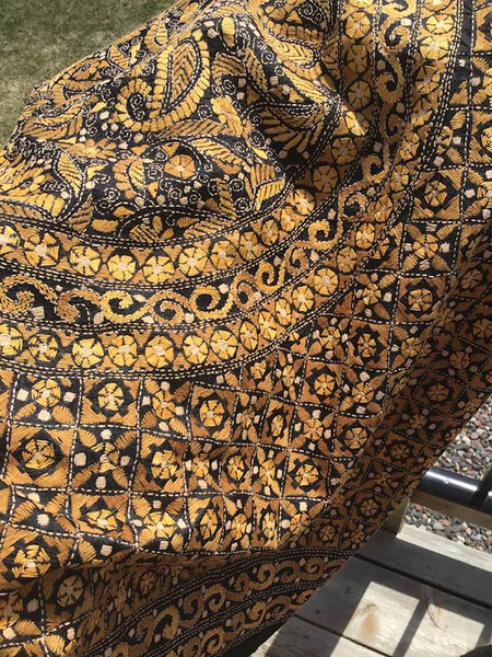 Pure Bangalore Silk Kantha Stitched Black Saree