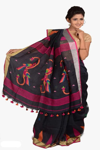 Black Color 100 Count Handwoven Linen Saree
