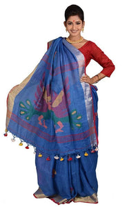 Blue Color 100 Count Handwoven Linen Saree