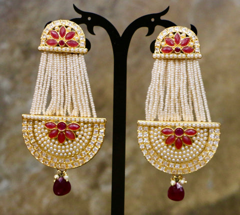 Gold Plated Kundan Earrings with White Pearls & Red & Maroon Regular Stones