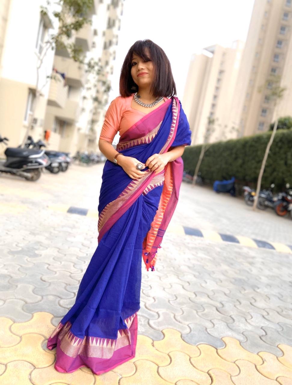 Blue & Eggplant Handloom Cotton Silk Saree with Temple Borders with Tassels on Aachal