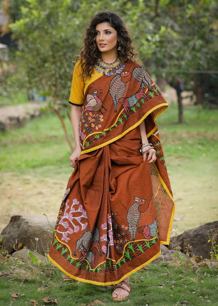 BROWN HANDLOOM COTTON SAREE WITH INTRICATE & ELABORATE GOND HAND PAINTED BORDER