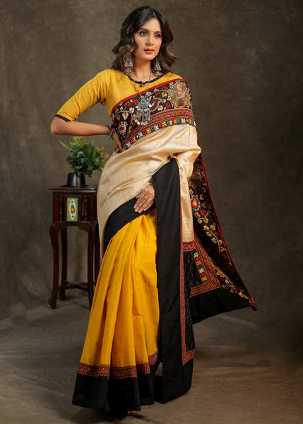 COTTON MUSTARD AND CREME SAREE WITH BLACK COTTON IKKAT PALLU AND KALAMKARI BORDER