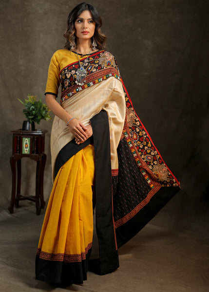 COTTON MUSTARD AND CREME SAREE WITH BLACK COTTON IKKAT PALLU AND KALAMKARI BORDER