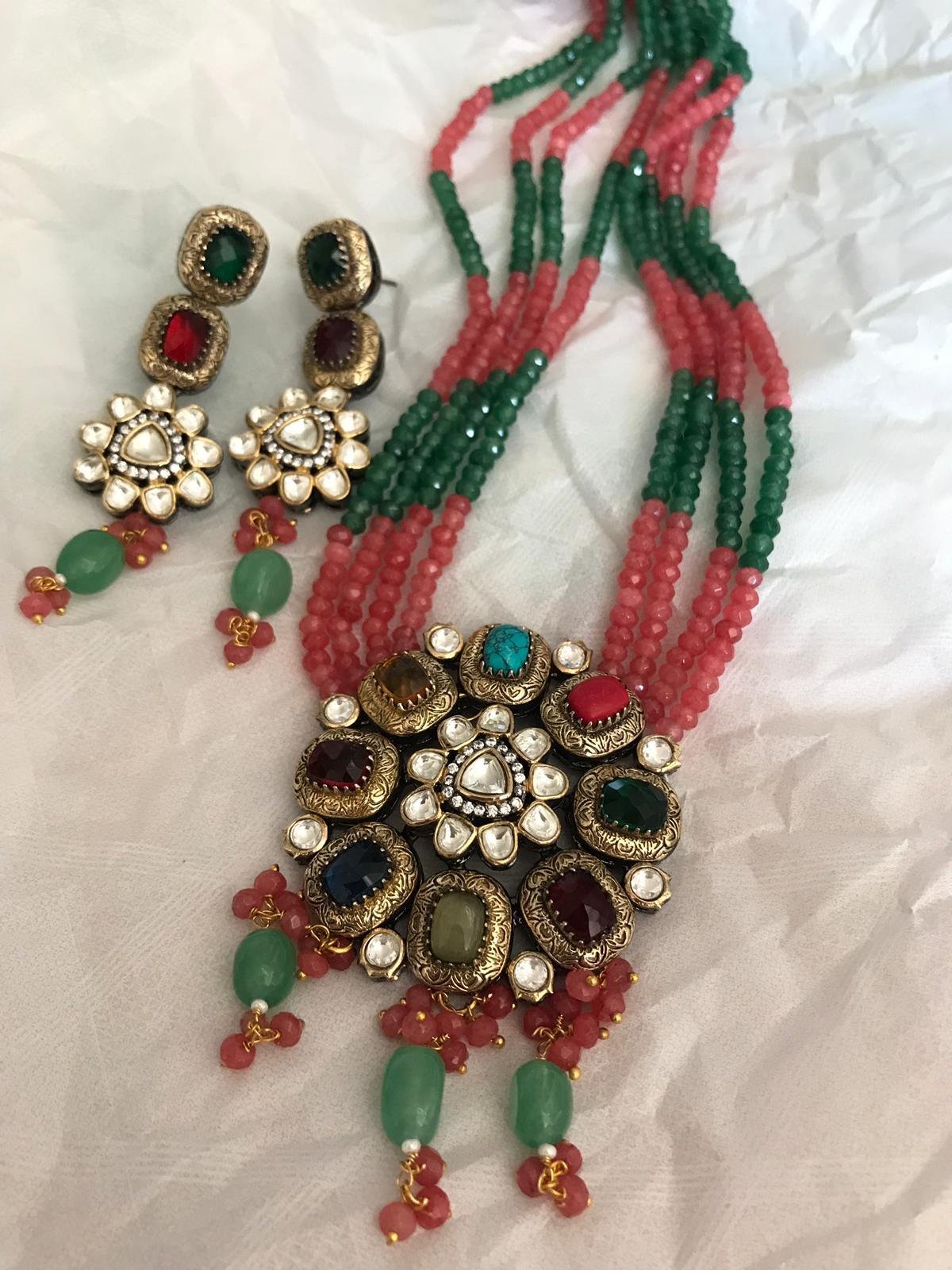 4 Layered Multicolored Beaded Garnet Kundan Necklace Set with Multicolored Semi Precious Stones & Matching Earrings