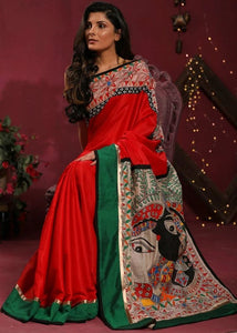 RED SEMI SILK SAREE WITH HAND PAINTED MADHUIBANI WORK