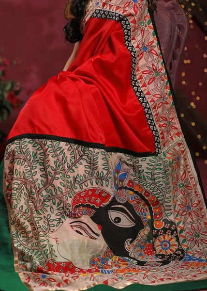 RED SEMI SILK SAREE WITH HAND PAINTED MADHUIBANI WORK