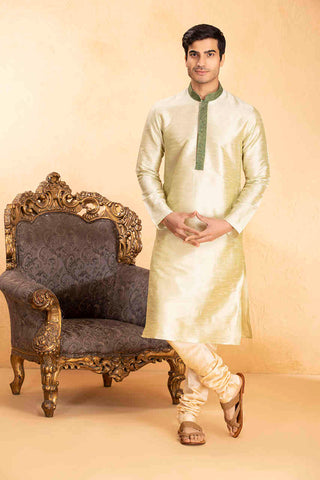 Manyavar Men's Light Green Kurta Churidar Set with Textured Collar