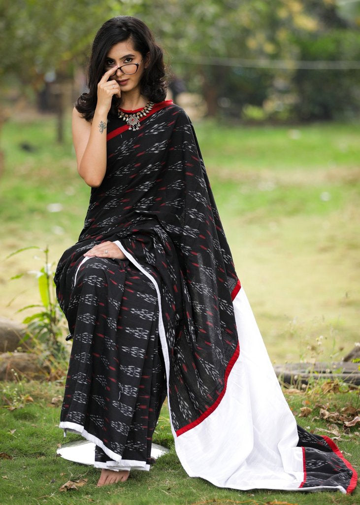 IKAT & WHITE COTTON SILK PALLU COMBINATION SAREE