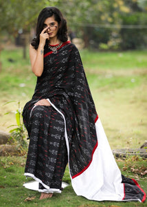IKAT & WHITE COTTON SILK PALLU COMBINATION SAREE