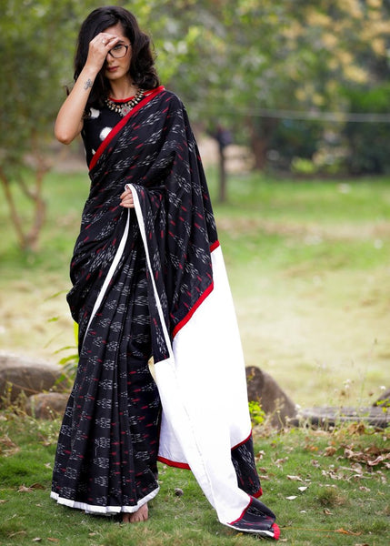 IKAT & WHITE COTTON SILK PALLU COMBINATION SAREE