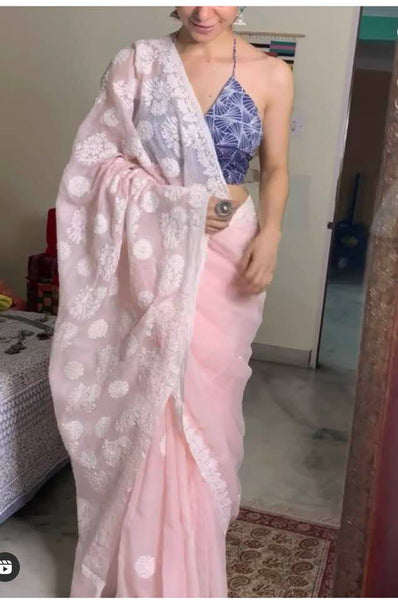 Pure Pink Georgette Lucknow Chikankari Handwoven Saree