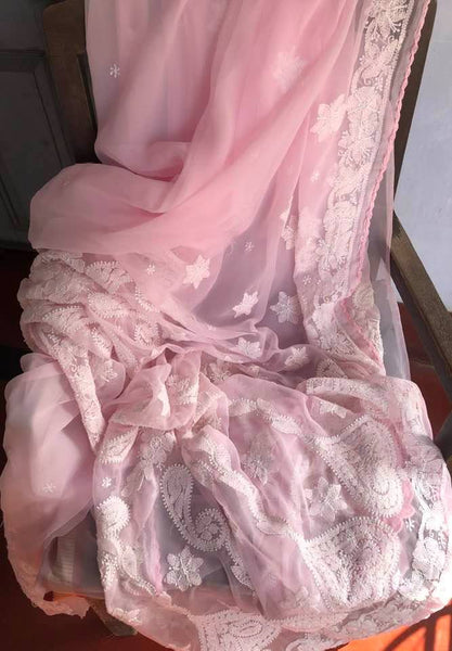 Pure Pink Georgette Lucknow Chikankari Handwoven Saree