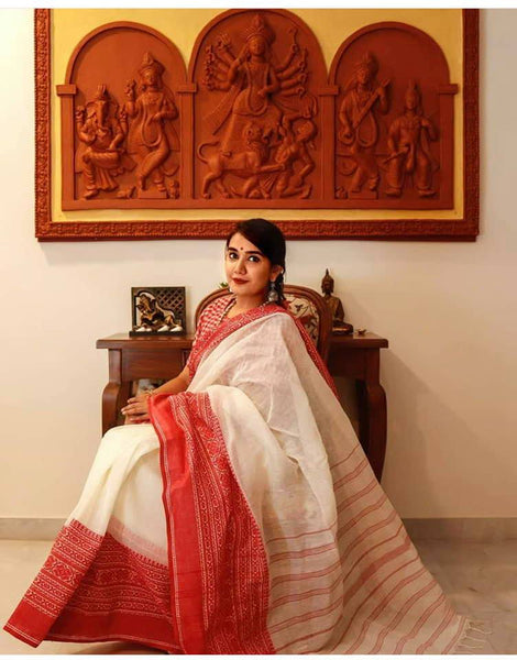 Bengali Pure Handloom Red and White Cotton Saree