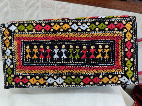Multicolored Kantha Embroidered Black Zipper Clutch