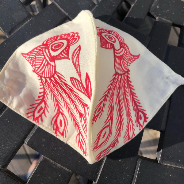 Two Ply Organic Cotton Fashion Mask with Hand-Painted Madhubani motives, Washable and Reusable Face Mask