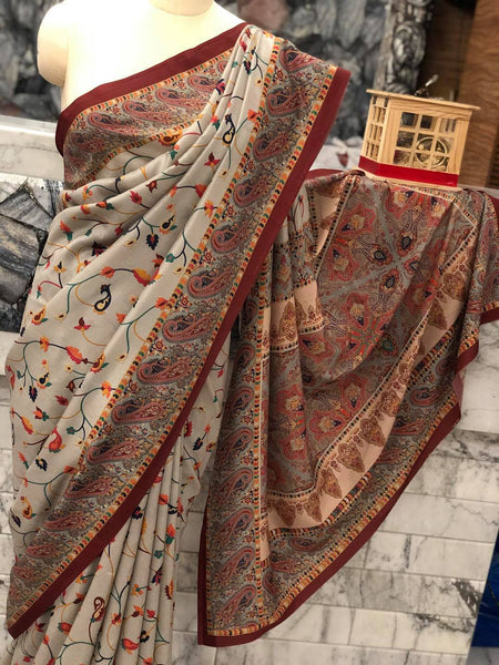 Super Soft Printed Pashmina Kani Silk Saree on Grey Body with Multicolored Floral Pattern