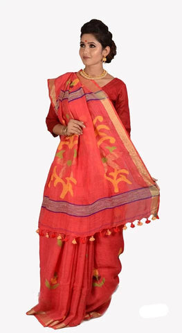 Red Color 100 Count Handwoven Linen Saree