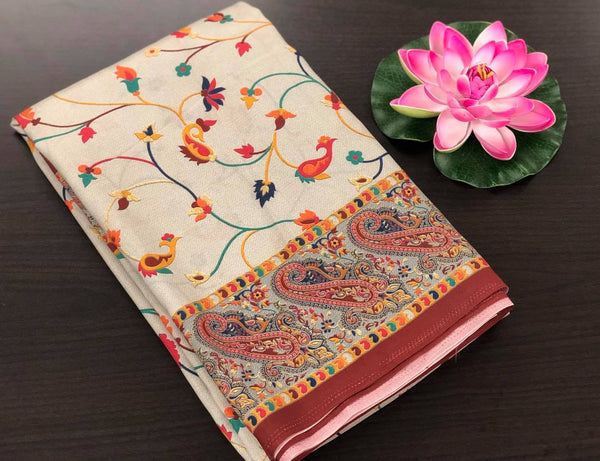 Super Soft Printed Pashmina Kani Silk Saree on Grey Body with Multicolored Floral Pattern