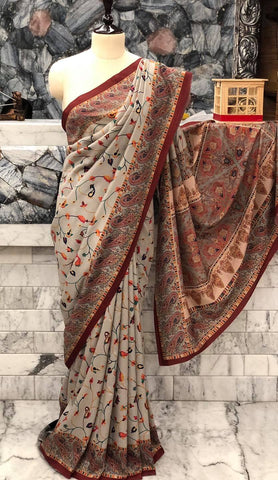 Super Soft Printed Pashmina Kani Silk Saree on Grey Body with Multicolored Floral Pattern