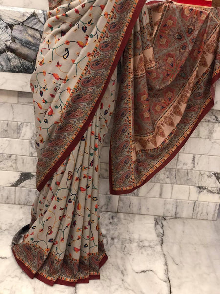 Super Soft Printed Pashmina Kani Silk Saree on Grey Body with Multicolored Floral Pattern