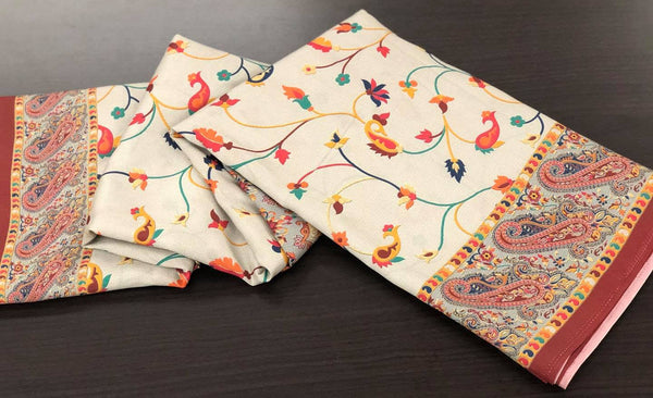 Super Soft Printed Pashmina Kani Silk Saree on Grey Body with Multicolored Floral Pattern