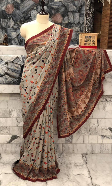 Super Soft Printed Pashmina Kani Silk Saree on Grey Body with Multicolored Floral Pattern