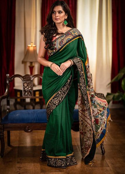 FOREST GREEN SATIN SAREE WITH HAND PAINTED KALAMKARI PALLU