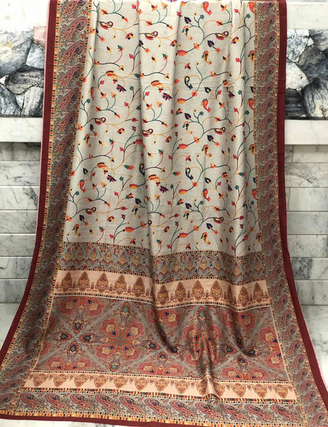 Super Soft Printed Pashmina Kani Silk Saree on Grey Body with Multicolored Floral Pattern