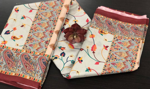 Super Soft Printed Pashmina Kani Silk Saree on Grey Body with Multicolored Floral Pattern