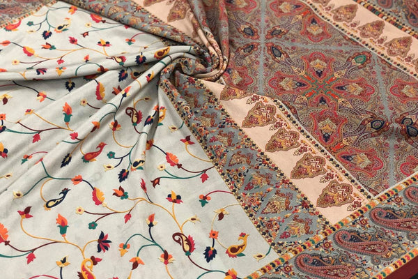 Super Soft Printed Pashmina Kani Silk Saree on Grey Body with Multicolored Floral Pattern