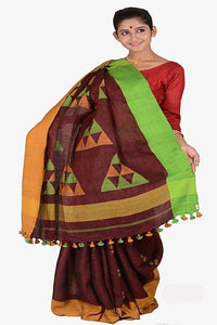 Deep Brown Color 100 Count Handwoven Linen Saree