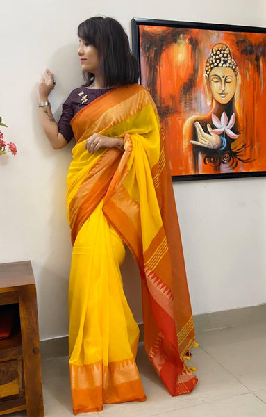 Turmeric Yellow Handloom Cotton Silk Saree with Red Temple Borders with Tassels on Aachal