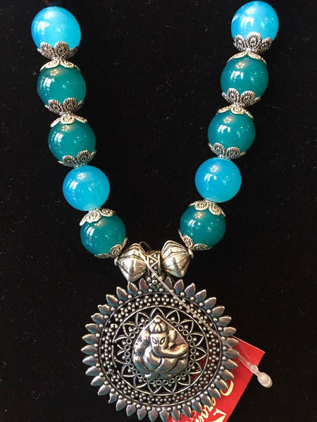 Long Turquoise Beaded Necklace with Ganesha pendant