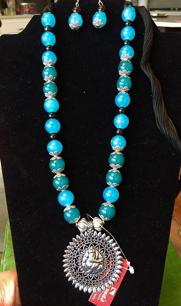 Long Turquoise Beaded Necklace with Ganesha pendant
