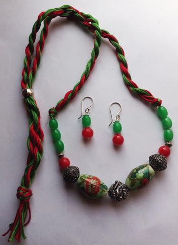 Red & Green Threaded & Beaded Necklace with  Earrings