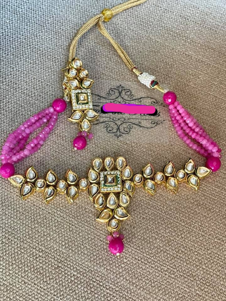 Pink Kundan choker set with fine onyx beads and matching earrings