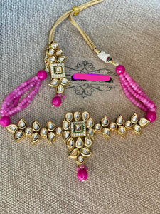 Pink Kundan choker set with fine onyx beads and matching earrings