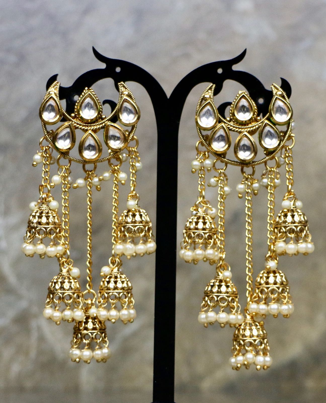 Gold Plated Kundan Enameled Earrings with White Colored Pearls