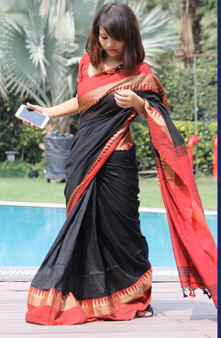 Black & Gold & Red Handloom Cotton Silk Saree with Temple Borders with Tassels on Aachal