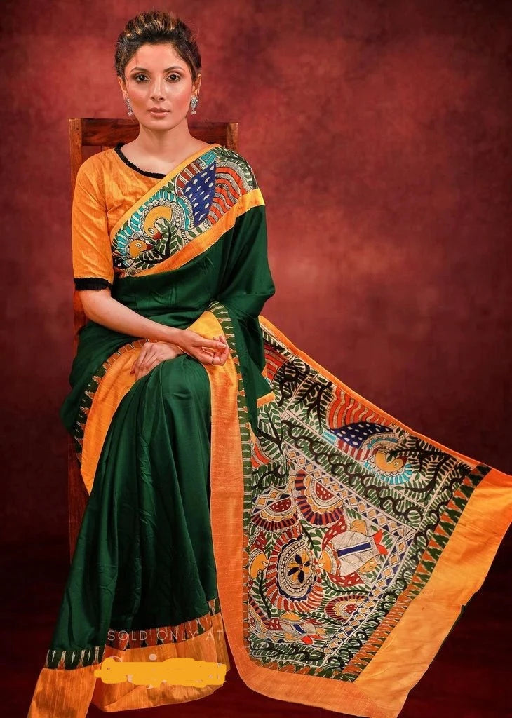 FOREST GREEN CREPE SATIN SAREE WITH HAND PAINTED MADHUBANI BORDER & PALLU
