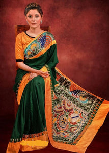 FOREST GREEN CREPE SATIN SAREE WITH HAND PAINTED MADHUBANI BORDER & PALLU