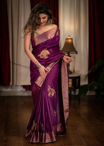 Purple kanchipuram borderless silk saree with square motifs
