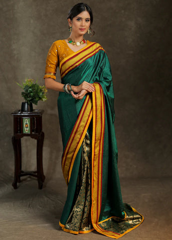 GREEN KHUN SAREE WITH BANARASI COMBINATION AND YELLOW BORDER