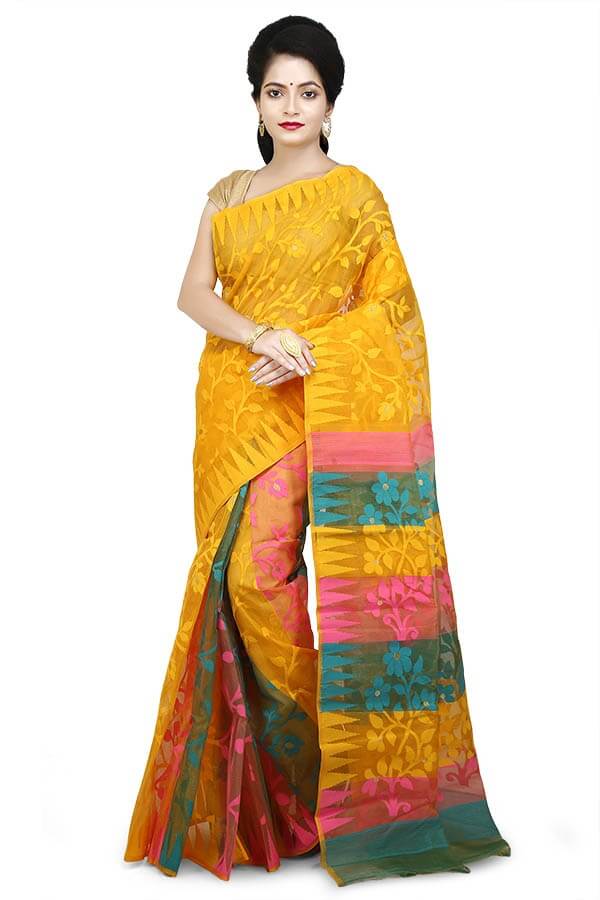 Yellow, Blue and Light Pink Stylist Jamdani Dhakai Saree