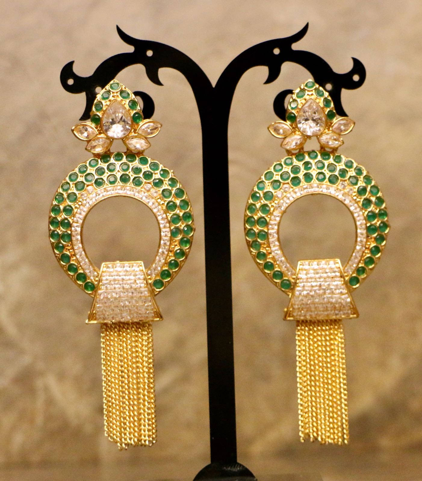 Gold Plated Crystal Green Stone Earrings